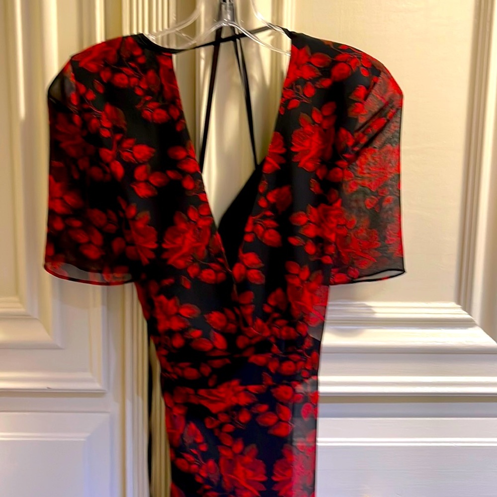 BWT Sam Edelman Red Rose Midi Dress Tie Neck semi sheer Short flutter sleeve 10